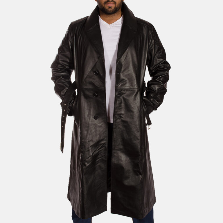 Mens Hooligan Black Leather Trench Coat 5-1491466004104